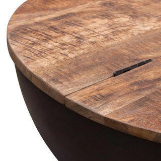 Salem Round Drum Storage Cocktail Table with Natural Mango Wood Top & Metal Base