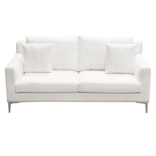 Seattle Loose Back Loveseat in White Linen with Polished Silver Metal Leg