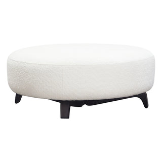 Vesper Round Ottoman in Faux White Shearling with Black Wood Leg Base