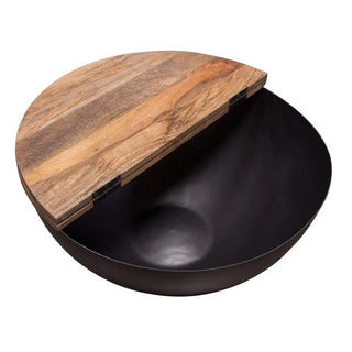 Salem Round Drum Storage Cocktail Table with Natural Mango Wood Top & Metal Base