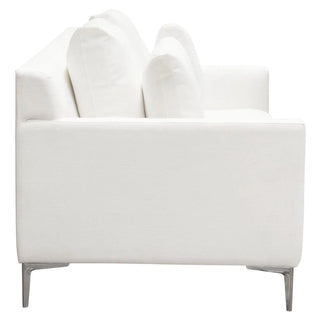 Seattle Loose Back Loveseat in White Linen with Polished Silver Metal Leg