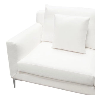 Seattle Loose Back Loveseat in White Linen with Polished Silver Metal Leg