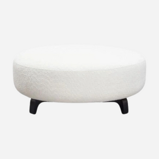 Vesper Round Ottoman in Faux White Shearling with Black Wood Leg Base