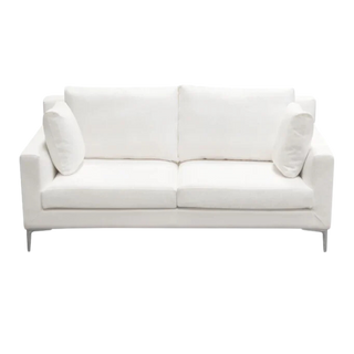 Seattle Loose Back Loveseat in White Linen with Polished Silver Metal Leg