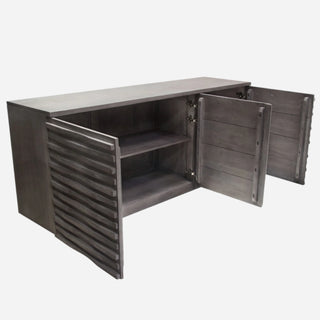 A 69-inch three-door solid acacia wood sideboard with a smoke grey finish, showing the front with the doors open to reveal the interior shelving.