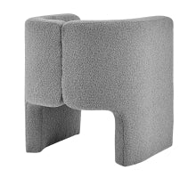 A beige Ariela Fabric Accent Arm Chair with a boucle texture, featuring a sculpted silhouette and sweeping track  back site arms  style in set  back site .