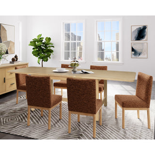 A beige Bloomfield dining table with a butterfly extension, made of wood, with rounded corners and tubular  full set .