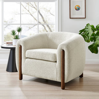 A beige fabric accent arm chair with solid wood frame and high-density foam cushion Full Set up .