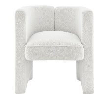 A beige upholstered fabric accent arm chair with a sculpted silhouette and sweeping track arms, featuring a high-density cushion and a fabric-covered frame Font site 