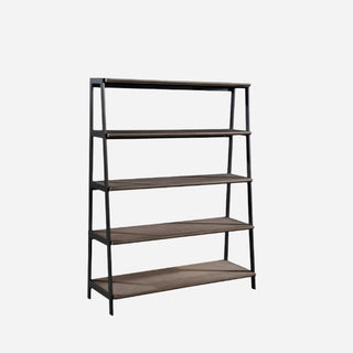 A contemporary Finch wood and metal etagere bookcase with a buckwheat finish and antique bronze metal frames. It has multiple shelves and an A-frame styled base.
