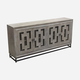 A contemporary style sideboard with a walnut gray finish and black iron legs, featuring a geometric pattern on the front doors.