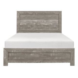 A full-size bed frame with a gray 3D-printed paper veneer headboard and footboard, constructed from faux wood veneer, wood, and engineered wood.