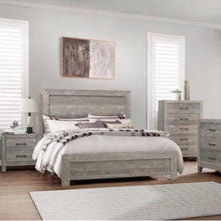 A full-size bed frame with a gray 3D-printed paper veneer headboard and footboard, constructed from faux wood veneer, wood, and engineered wood full combination .