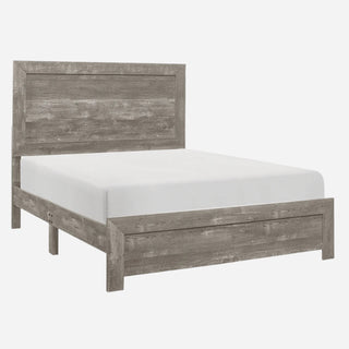 A full-size bed frame with a gray 3D-printed paper veneer headboard and footboard, presented in a box.