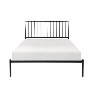 A full-size platform bed with a black metal frame and a headboard, displayed against a white background.