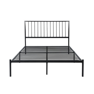 A full-size platform bed with a black metal frame and a headboard, displayed against a white background without seat  full bad.