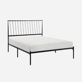 A full-size platform bed with a black metal frame and headboard, displayed with a white mattress on it.