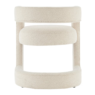 A gray fabric-dining side chair with a cantilevered base and a semicircular backrest.  full back hight 