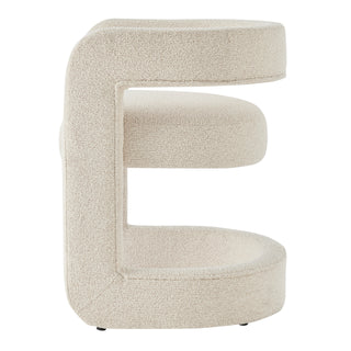 A gray fabric-dining side chair with a cantilevered base and a semicircular backrest.  left site 