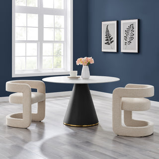 A gray fabric-dining side chair with a cantilevered base and a semicircular backrest set up.