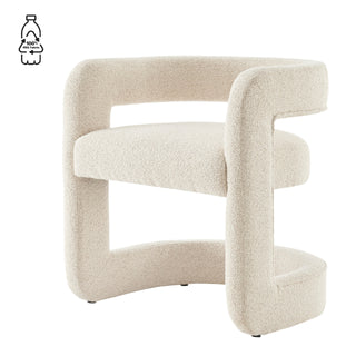 A gray fabric dining side chair with a cantilevered base and a semicircular backrest.