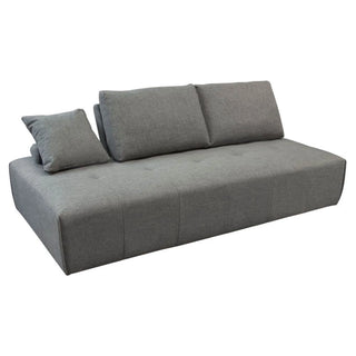 A gray fabric upholstered cloud lounge seating platform with movable backrests and an accent pillow.