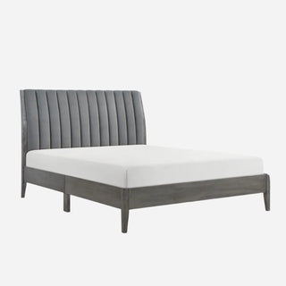 A gray upholstered Eastern King platform bed with a channel-tufted headboard and engineered wood frame.