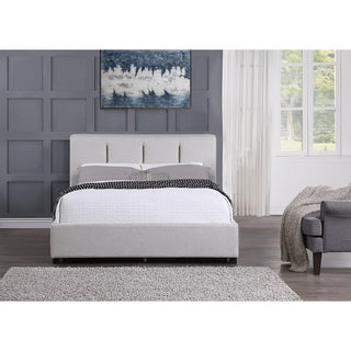 A gray upholstered queen-size platform bed with a low-profile headboard and footboard, displayed against a white background And height .