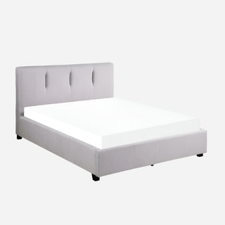 A gray upholstered queen-size platform bed with a low-profile silhouette, including a headboard and footboard, without a foundation or box spring.