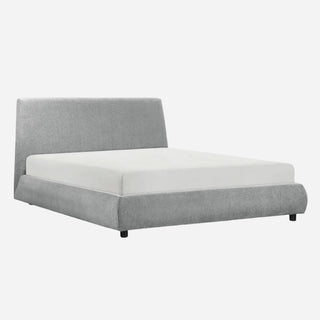 A gray upholstered queen-sized platform bed with a low-profile headboard and footboard, shown with a white mattress on top.