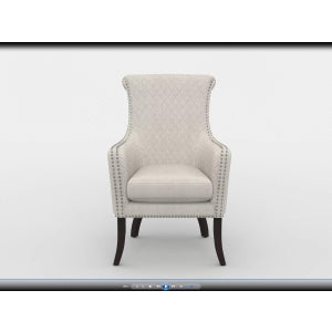 A gray upholstered quilted accent chair with a diamond-stitched back, nailhead trim, and coffee-finished wood legs font site .