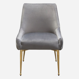A grey velvet conference/dining chair with vertical pleated detail and gold-colored metal legs.