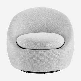 A modern round accent chair with a gray fabric upholstery, featuring a swivel base and a cushioned seat and backrest.