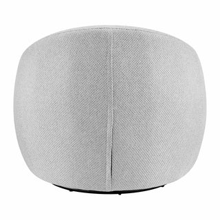 A modern round accent chair with a gray fabric upholstery, featuring a swivel base and a cushioned seat and backrest and fabrics back part .