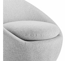 A modernist style fabric swivel accent chair with a round silhouette, upholstered in a light color, showing a side and partial front view and Font Fabrics thickness. 