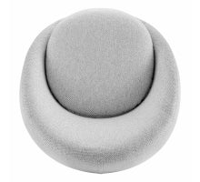 A modernist style fabric swivel accent chair with a round silhouette, upholstered in a light color, showing a side and partial front view and back Font site .