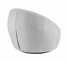 A modernist style fabric swivel accent chair with a round silhouette, upholstered in a light color, showing a side and partial front view and back Hight .