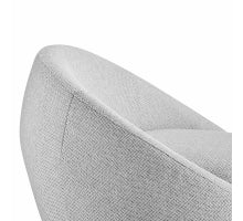 A modernist style fabric swivel accent chair with a round silhouette, upholstered in a light color, showing a side and partial front view andback left site .