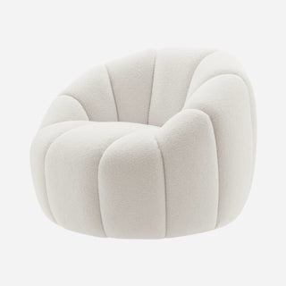 A plush white Callista fabric swivel accent chair with a shell-shaped design and channeling for visual depth.