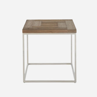 A rectangular Ace reclaimed wood end table with a herringbone pattern and a silver metal base.