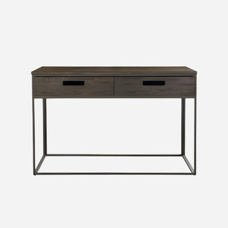 A rectangular Bradley Two-Drawer Console Table with a dark finish, featuring two drawers and a metal frame.