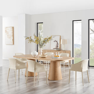 A rectangular dining table with a natural wood finish and two cylindrical pedestal bases fill setup.