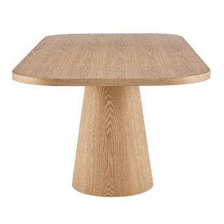 A rectangular dining table with a natural wood finish and two cylindrical pedestal bases hight. 