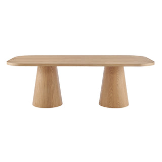 A rectangular dining table with a natural wood finish and two cylindrical pedestal bases hight and thikness.  