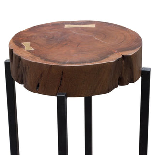 A round accent table with a solid mango wood top in walnut finish and gold metal inlay, supported by a metal base.