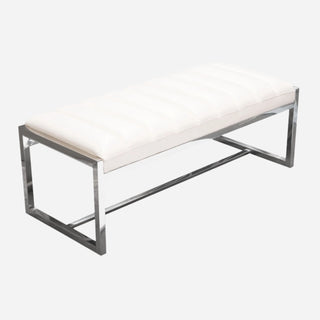 A sleek modern bench with a white leatherette seat and a stainless steel base and trim.