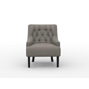 A textured taupe fabric upholstered accent chair with high-polish nailhead trim, a button-tufted back, and black finish wood legs.