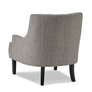 A textured taupe fabric upholstered accent chair with high-polish nailhead trim, a button-tufted back, and black wood legs left site back part_back
