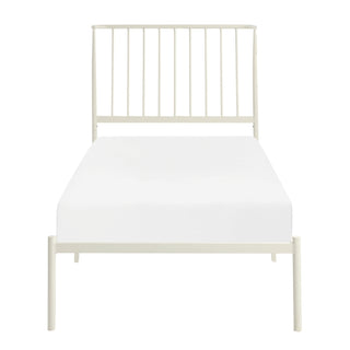 A twin platform bed in white color with a headboard and footboard, presented against a white background.