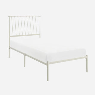 A twin platform bed with a headboard, painted in white color, shown with a mattress on it.